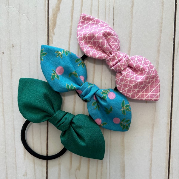 Bow Hair Ties, Fabric Hair Bows, Elastic Hair Band with Bow, set of 3 Pink/Blue/Green