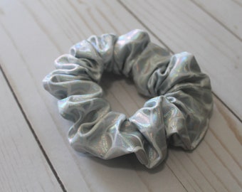 Scrunchie, White and Silver Mermaid Print Hair Scrunchie, Ponytail Holder