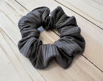 Hair Scrunchie, Dark Gray Ribbed Knit Scrunchie, Hair Tie