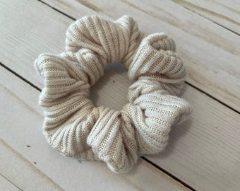 Ivory Ribbed Knit Scrunchie, White Sweater Hair Scrunchie