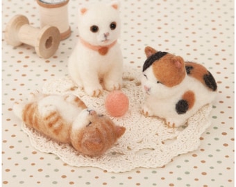4 Cute Butt Face Cats Dolls Wool Felt Kit Japanese Hamanaka Needle Felting Kit Cute Mascots H441-552