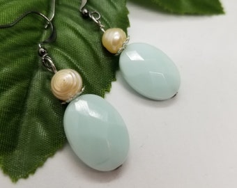 SARAH- Persian inspired earrings, Amazonite Art Deco Style earrings, pearl earrings, gift for her, birthday gift