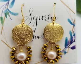 ZAREEN ~ Persian inspired gold swarovski crystal earrings with fresh water pearls ; Gift for her;  Mother's day gift; gold earrings; wedding
