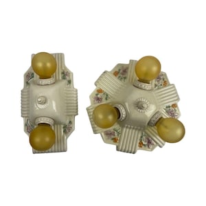 VL1028 Pair Antique c1930 Porcelain Bare Bulb Flush Mount Ceiling Lights Floral Pattern
