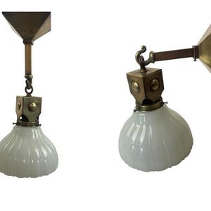 VL1149 Set of 3 Brass Craftsman c1910 Pendants Sconces Sheffield Shades Restored