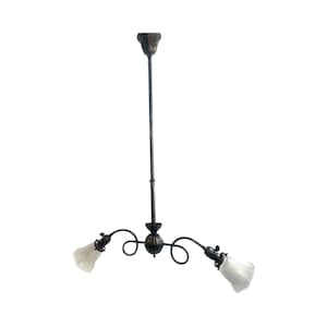 VL1212 Antique Victorian Japanned 1900 2-Lt Chandelier Holophane Shades Restored