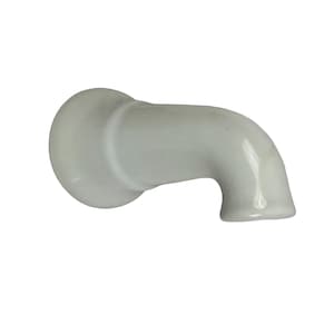 May include: A white ceramic bathtub faucet spout with a curved, downward-facing design and a circular wall-mounting plate. The fixture has a smooth, glossy finish and a simple, functional shape intended for installation on a bathroom wall.