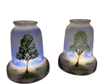 VL1329 Pair Antique c1910 Hand Painted Glass Shades Czech Blue Sky Trees