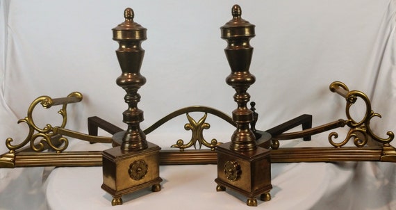 Vintage Brass Fireplace Curb Fender Set Andirons Colonial Etsy