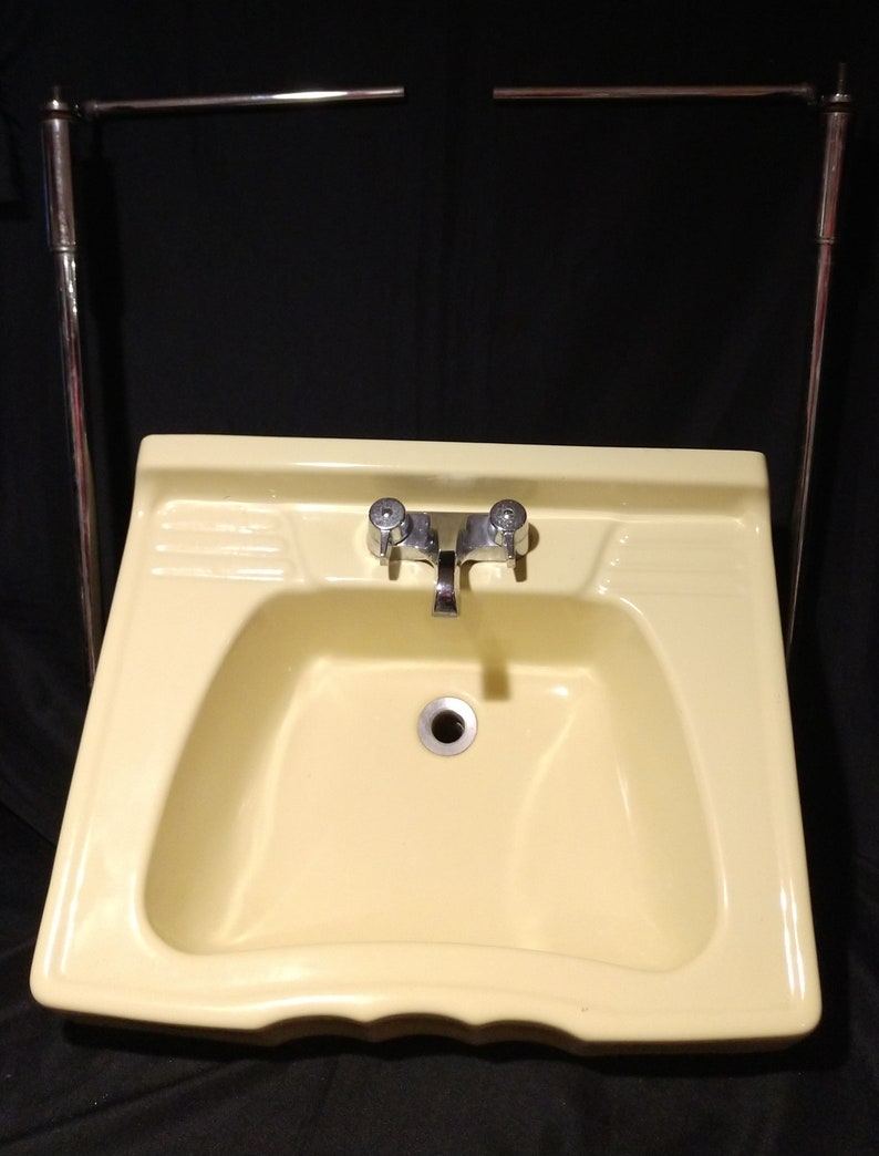 Vintage C1940 Bright Yellow Porcelain Bathroom Sink Chrome Legs Towel Bars Fitting