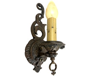 VL1339 Antique Hammered Cast Iron c1920s Halcolite Tudor Candle Sconce Restored