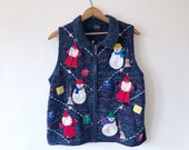 Vintage 90 39 s SNOWMAN SANTA Ugly CHRISTMAS Holiday Novelty Sweater Vest Size Medium