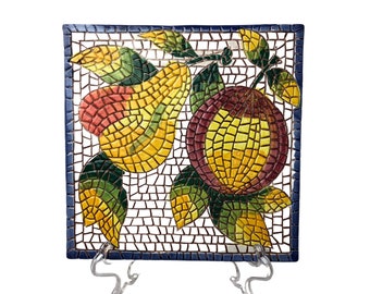 80’s Italian Mosaic Pear Plum Fruit 8 x 8 Decorative Tile Trivet Hot Plate