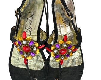 80er Jahre Wunderschöne verzierte italienische Paloma-Sandalen mit T-Riemen, Größe 8,5
