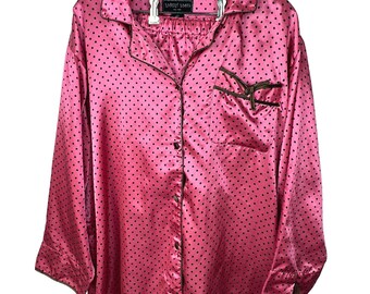 90’s Pink Chocolate Covered Strawberry Polka Dot Robert Louis New York Satin Silky 2 Pc Pajama Set Plus Size 1X