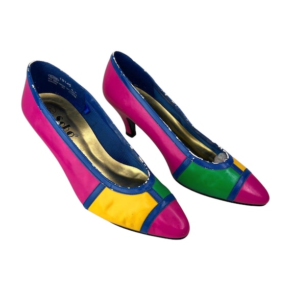 80s Pink Mod Colorblock Heels Wms Size 5 - image 3