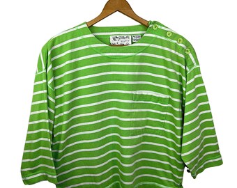 80’s Lime Green Stripe Boatneck Boxy Pocket 3/4 Sleeve Tee