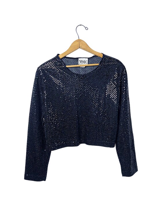 Wms 90’s Black Sequined Sparkly SEQUINS Crop Top … - image 1