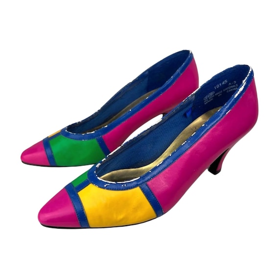 80s Pink Mod Colorblock Heels Wms Size 5 - image 1