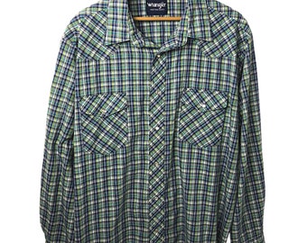 70's 80’s Wrangler Western Pearl Snap Plaid Button Down Shirt Size XL/1X