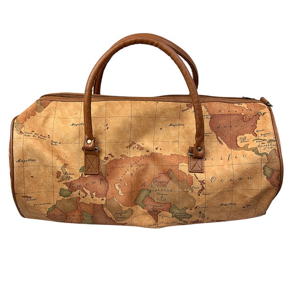 90’s Geography Map Print Faux Vegan Leather Travel Luggage Duffle Bag