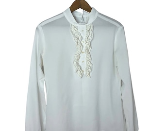 Blusa con botones de volantes de seda delicada de encaje blanco de los años 50 tamaño mediano