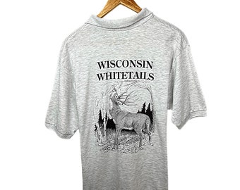 90’s Wisconsin WHITETAIL DEER Light Gray Heather 50/50 Henley Polo Size L/XL