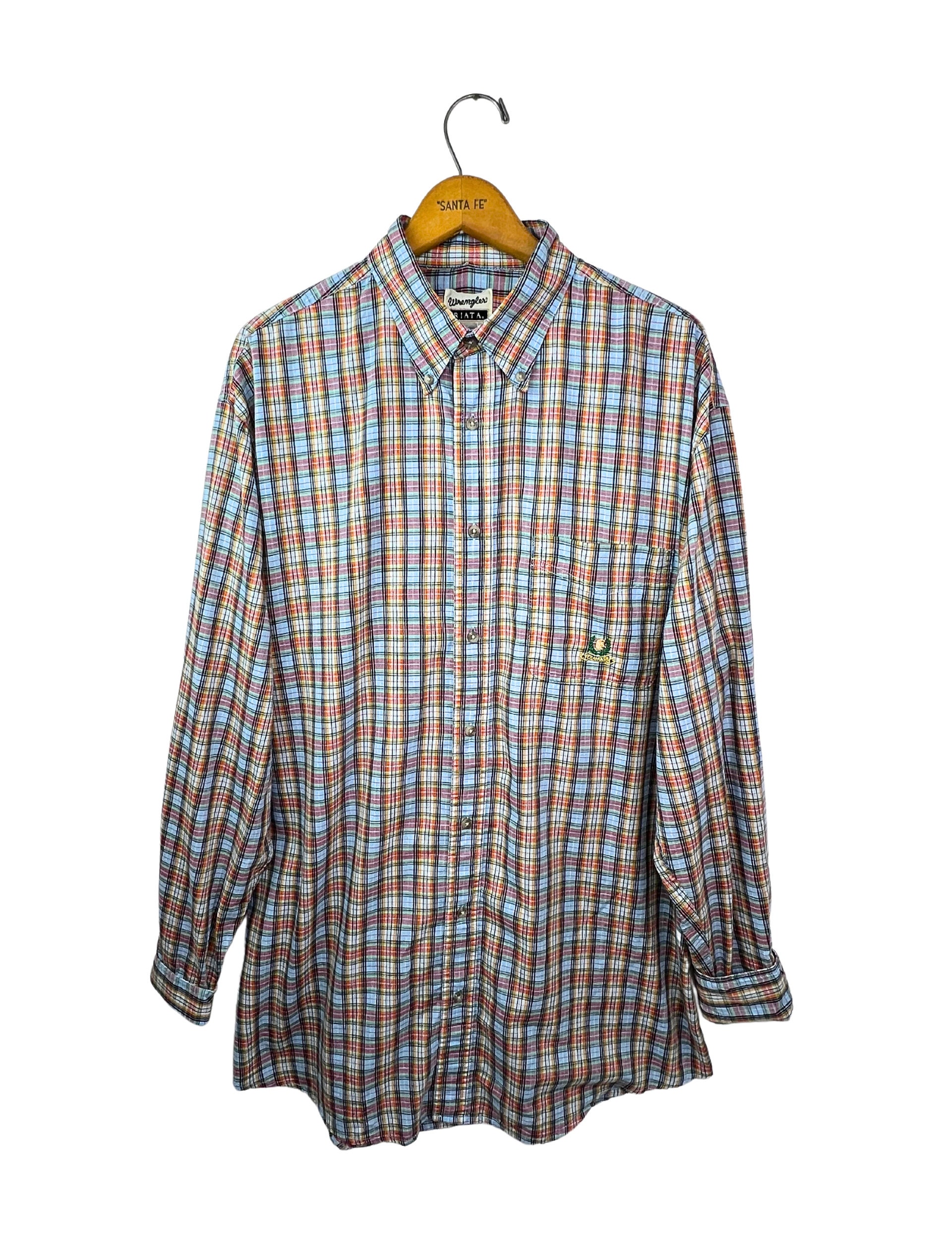 80’s Wrangler Riata Rainbow Plaid Button Down Shirt Embroidered CREST Pocket Oxford Size 2X
