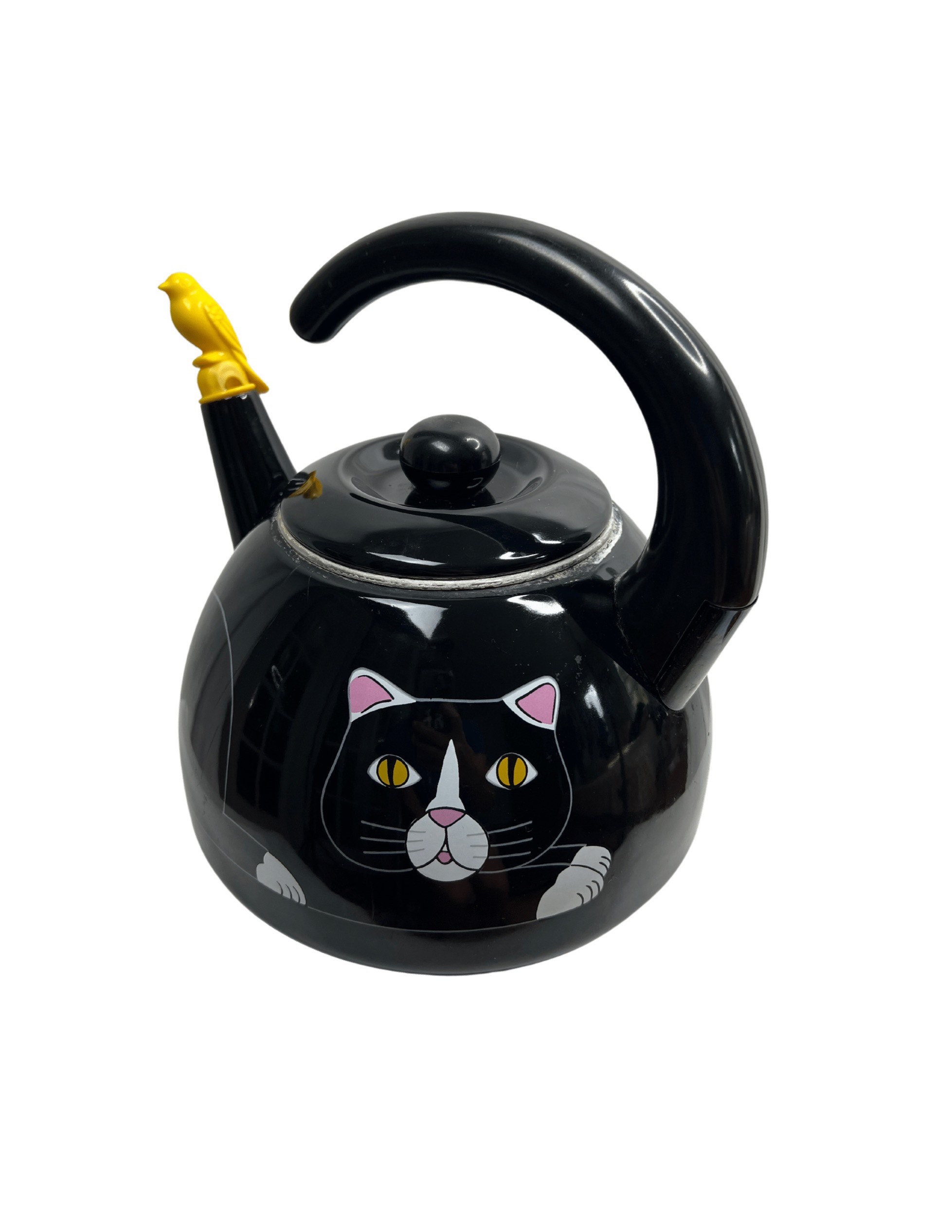 Vintage 80’s Kamenstein Black Cat Whistling Bird Tea Kettle