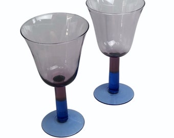 80’s Pair of Smoky Purple Blue Large Goblet Wine Glasses Holiday Entertaining
