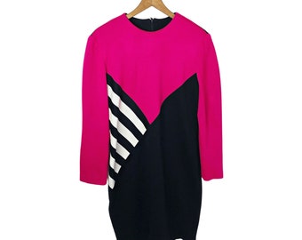 90's Mod Striped Fuchsia Black & White BODYCON High Neck "The Nanny" Robe de soirée ajustée Taille L