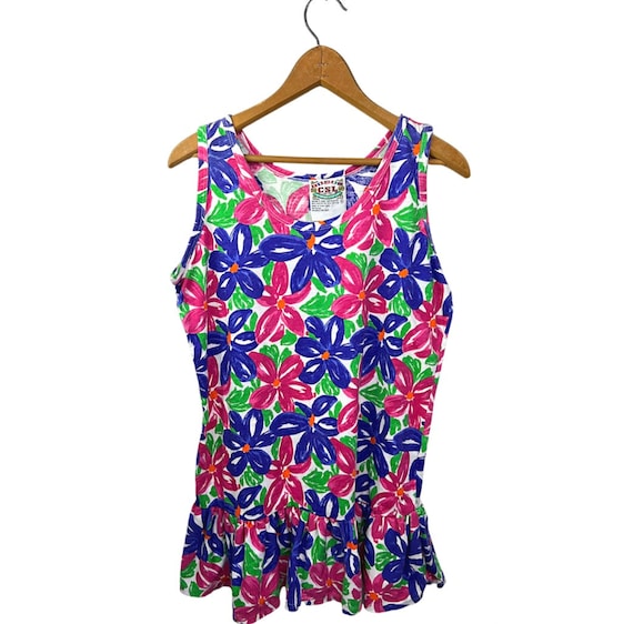 80’s Colorful Floral Drop Waist Ruffle Romper Min… - image 1