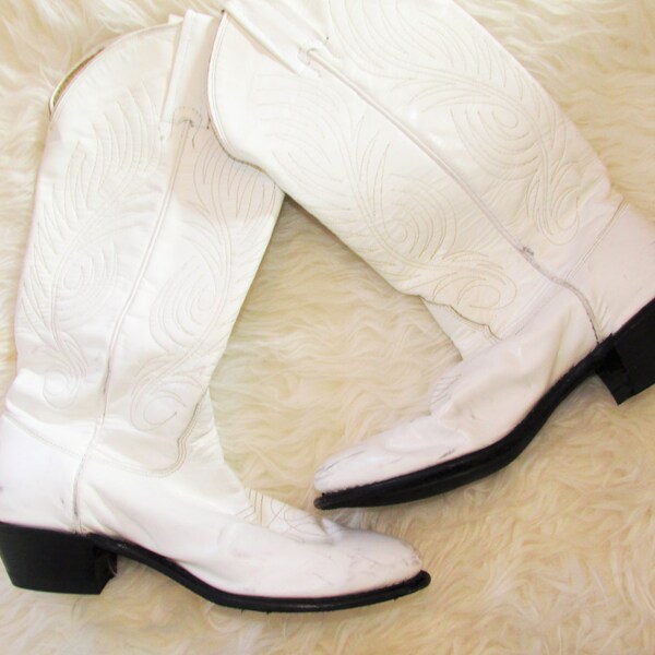 Vintage White Leather Cowboy Boots Sz 6.5