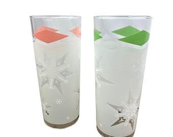 50’s Anchor Hocking Frosted Snowflake Diamond Set of 2 Highball 14oz Glasses