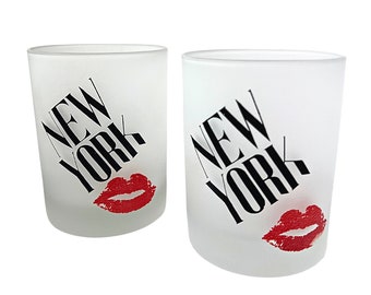 80’s New York Frosted Glass Lipstick Kiss Rocks Glasses Set of 2