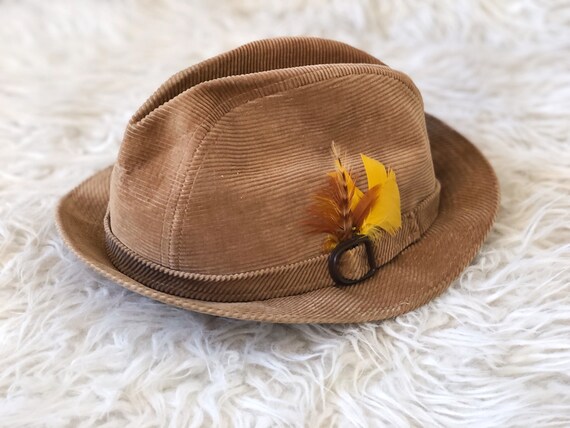 Vintage 1970s STETSON Tan CORDUROY Fedora with FEA