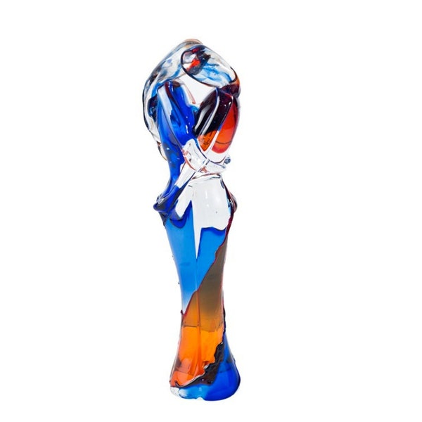 Sculpture d'amoureux du verre de Murano, figure en verre soufflé bleu et orange pour la décoration intérieure, idée cadeau décorative italienne originale faite à la main à Venise.