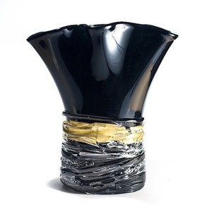 Handmade Murano Glass Vase: Black & Gold Italian Art Glass
