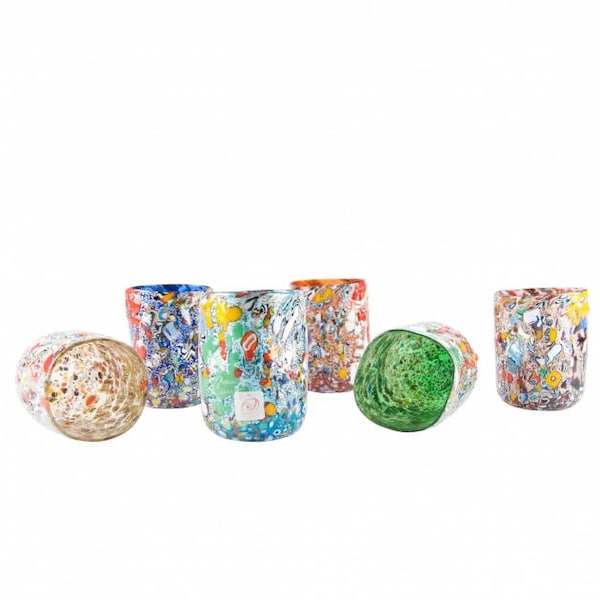 Murano glass tumblers set, blown glass colored tumblers handmade in Italy, vine and water drinking glassware set, Trademark of Origin.