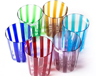 Murano Glassware Set, Striped Glass Tumblers Handmade in Italy, Colored Blown Made Drinking Glasses for Wine and Water, Trademark of Origin