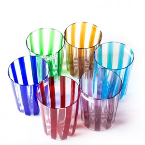 Murano Glassware Set, Striped Glass Tumblers Handmade in Italy, Colored Blown Made Drinking Glasses for Wine and Water, Trademark of Origin