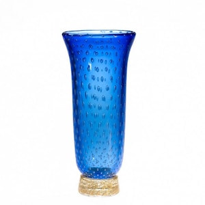 Handmade Murano Glass Vase: Blue Ballotton Vase with Gold Leaf