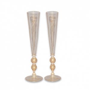 Murano Glass Flutes with Gold Leaf: Elegant Wine Glasses, Set of Two