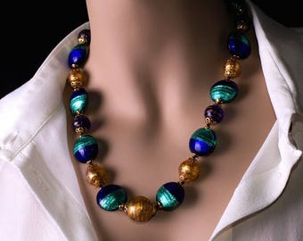 Espléndido collar, cuentas de cristal azul y dorado, cristal de Murano, joyería tradicional, idea de regalo para ella