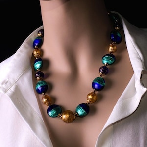 Splendid necklace, blue and gold glass beads, Murano glass, traditional jewellery, gift idea for her