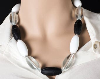 Murano Glass Bead Necklace: Black, White, and Clear Venetian Jewelry