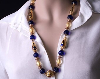 Classic necklace, blue beads and gold leaf, Murano glass, traditional jewellery, handmade necklace, gift idea