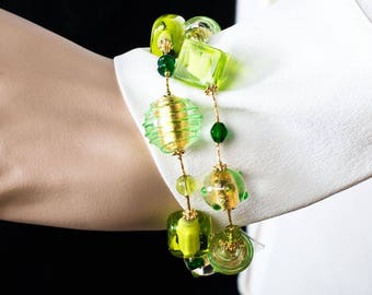 Green Murano Glass Bracelet: 24k Gold Leaf Italian Jewelry