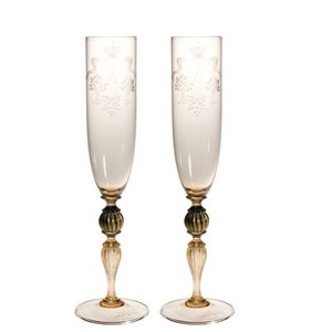Murano Glass Flutes: Gold Leaf Engraved Champagne Glasses, Set of 2