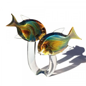 Pair of tropical fishes on crystal base, Murano glass sculpture, chalcedony glass sculpture, blown glass, handmade, gift idea, Made in Italy
